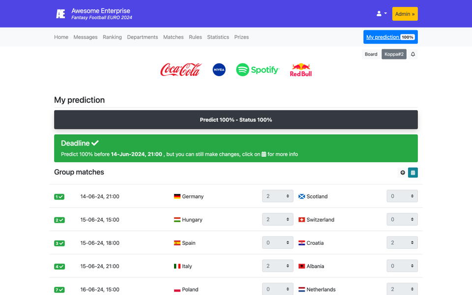 Pantalla del juego de pronósticos