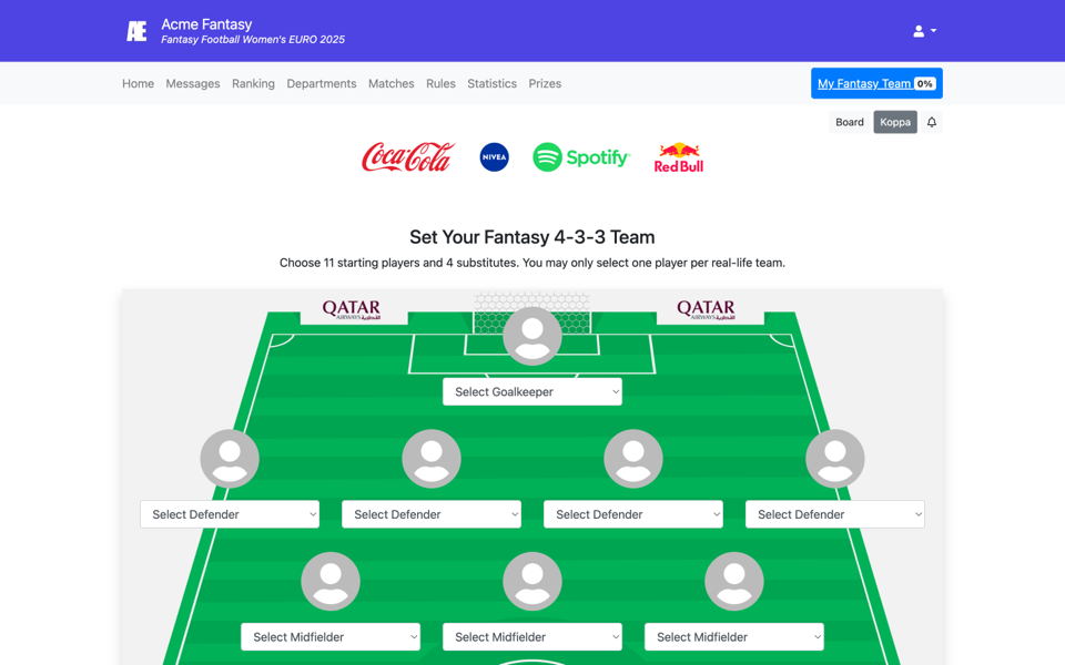 Pantalla de selección de equipo